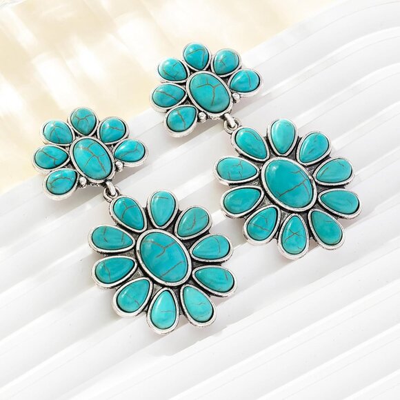 4 PCS Western Turquoise Jewelry for Women Boho Vintage Navajo Pearl Necklace Ear - Picture 4 of 8